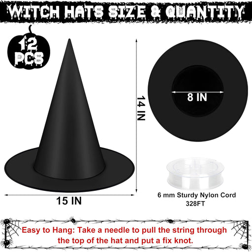 12 PCS Halloween Witch Hats, Black Hanging Witch Hats Porch Yard Decor