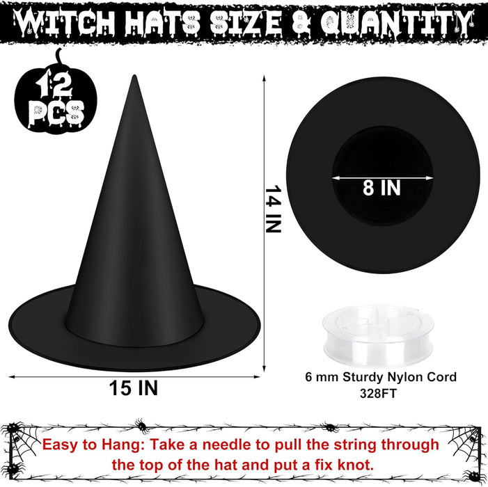 12 PCS Halloween Witch Hats, Black Hanging Witch Hats Porch Yard Decor