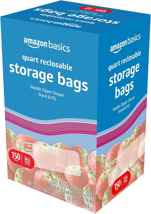 Reclosable Quart Food Storage Bags with Double Zipper Seal, BPA Free, 150 Count