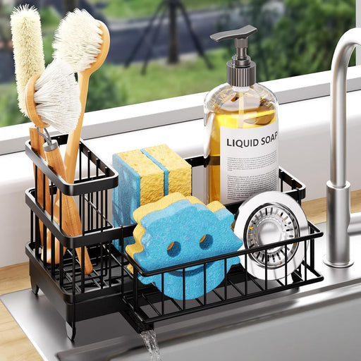 Sponge Holder for Kitchen Sink - Auto Draining Sink Caddy Organizer with Detachable Rack, High Brush Holder, Kitchen Cou