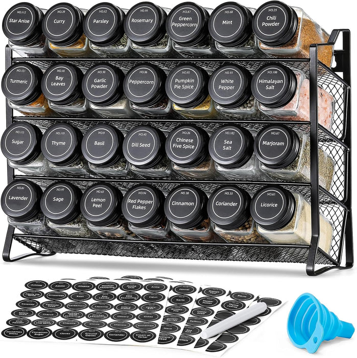 Spice Rack Organizer for Cabinet, Spice Organizer with 28 Empty Spice Jars with Black Lids, Funnel, Spice Labels, Season