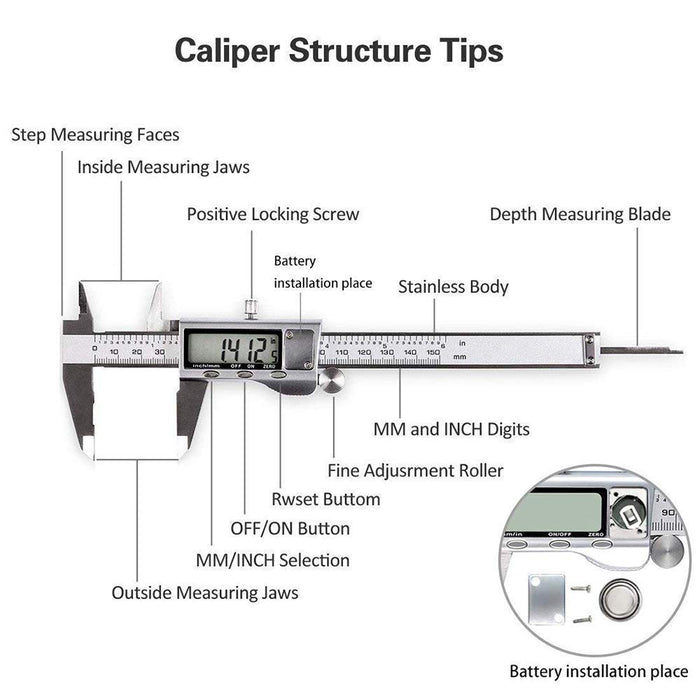 Digital Caliper, Caliper Measuring Tool with Stainless Steel, Electronic Micrometer Caliper with Large LCD Screen, Auto-