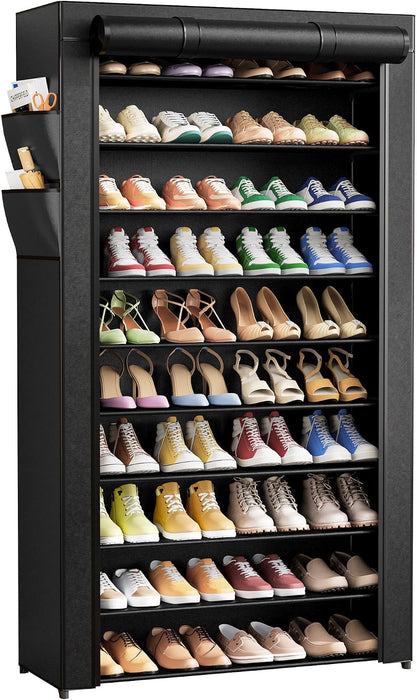 10-Tier Shoe Rack with Cover, Tall Shoe Shelf, 33" Wide, Black