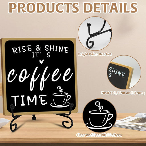 Wooden Coffee Bar Sign Coffee Bar Decor, Coffee Bar Decorations Black and White with Iron Stand Bar Tabletop Shelf Accessories, Coffee Signs Decors for Coffee Station Home Farmhouse Kitchen & Office