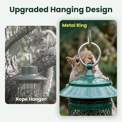 Squirrel Proof Bird Feeders for Outdoors - 4 Port Hanging Metal Bird Feeder with Gravity Spring, Upgraded Metal Hanging 