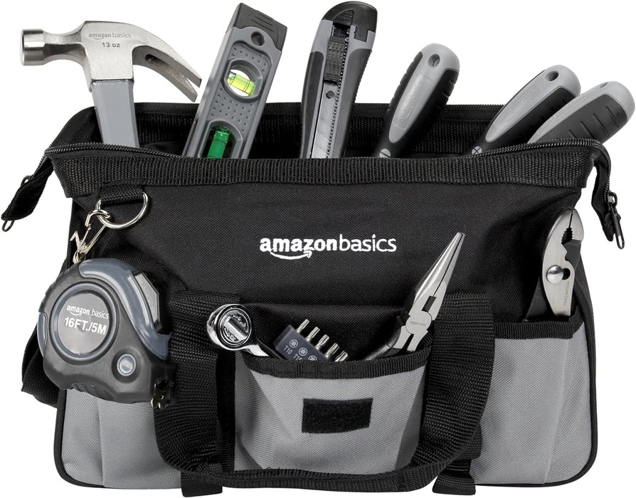 65 Piece Home Repair Tool Kit Set With Carrying Bag, Hand Tools, Socket Set, SAE and Metric, Silver, Black