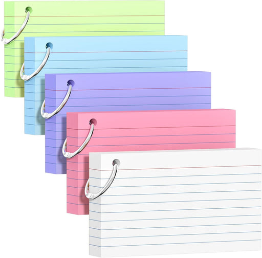 250 Count Colored Index Cards 3x5 Inch with Key Ring, 180gsm Heavy Weight Flash Cards 5 Color (50 Sheets Each) Portable 