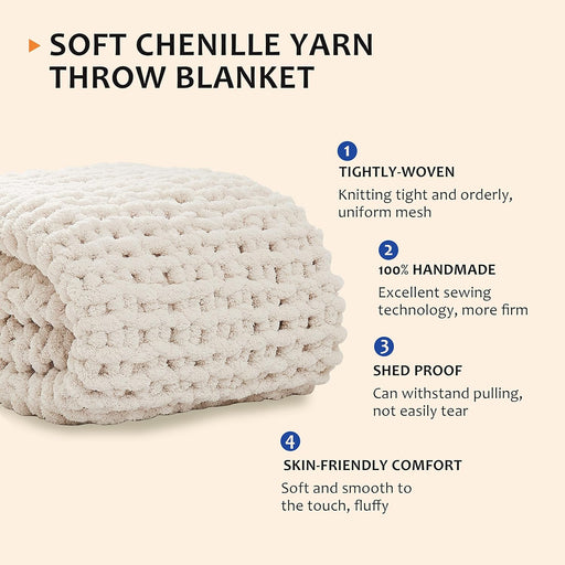 Chunky Knit Throw Blanket for Couch, 50'' x 60'' Knit Throw, Ivory