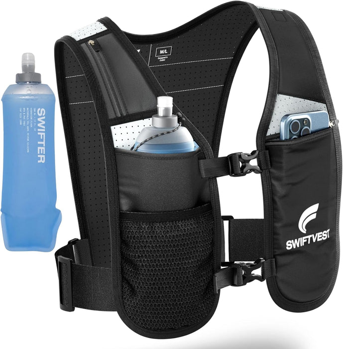 Running Phone Holder Vest with 500ml/17oz Water Bottle | Reflective Hydration Vest | Adjustable | Light | 6 Pockets for 