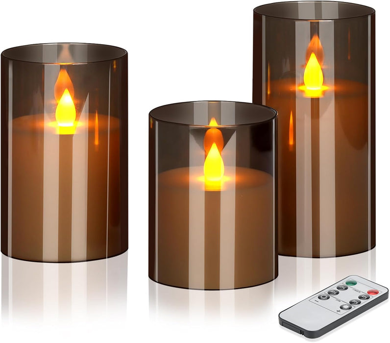 Flameless Candles 4" 5" 6" Acrylic Glass Pillars 3" Diameter Battery Operated Flickering Candles Include 8-Key Remote with Timer Function 400+ Hours (Gray, Warm Light 3 Pack)