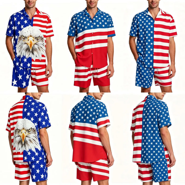 Men'S Fashion 2-Piece Matching Shortsleeve Collared Neck Tropical Set - Casual Stylish Flag Pattern Shirt & Bottoms, Loose Fit, plus Size Hawaiian Patriotic Streetwear for 4Th of July