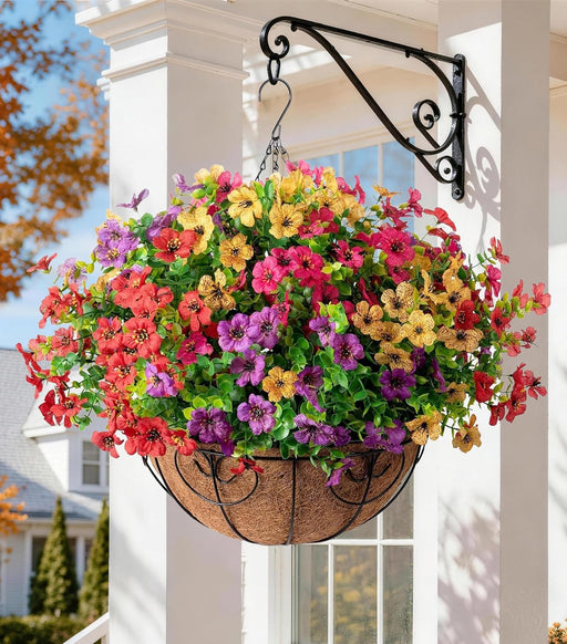 Artificial Faux Hanging Plants Flowers Basket for Summer Outdoor Outside Decoration, Fake Silk UV Sun Resistant Look Rea