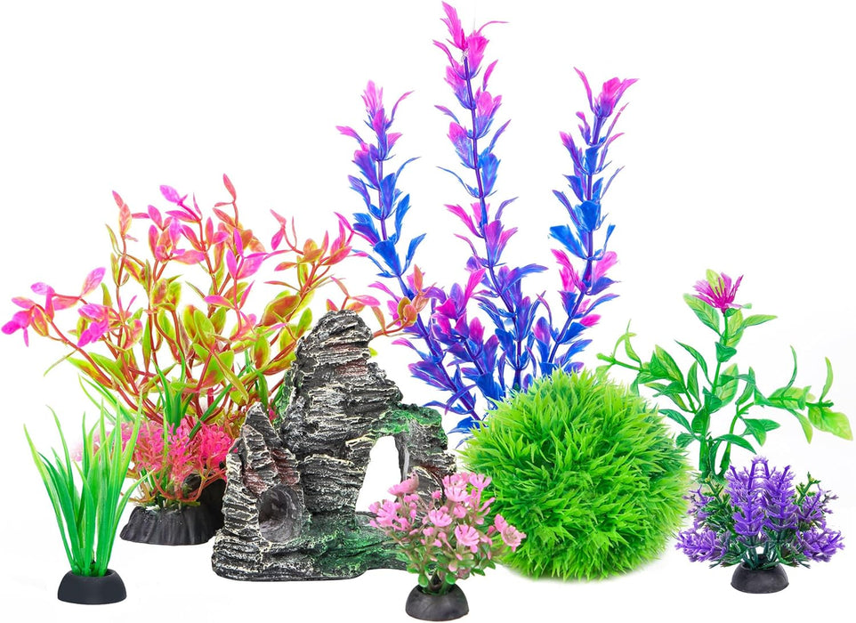 Aquarium Artificial Plants & Rock Cave Betta Fish Tank Decor Set