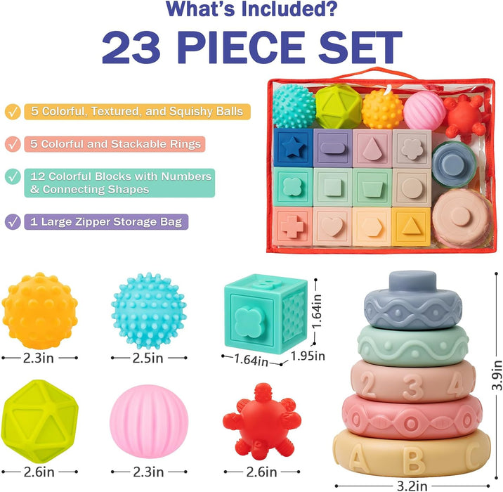 Baby Toys 6-12 Months, Montessori Toy for Babies 6-12 Months, Incl Stacking Building Blocks & Soft Infant Teething Toys & Sensory Balls for Toddlers 0-3-6-9-12 Month