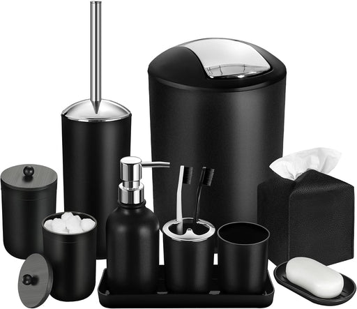 Black Bathroom Accessories Set, 10Pcs Bathroom Accessory Set with Trash Can, Soap Dispenser and Toothbrush Holder, Soap 