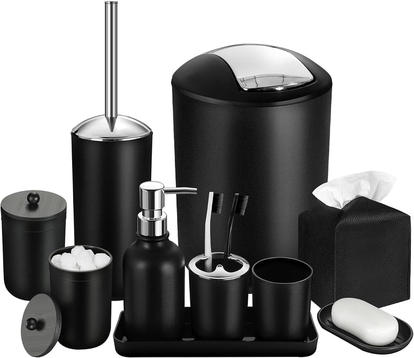 Black Bathroom Accessories Set, 10Pcs Bathroom Accessory Set with Trash Can, Soap Dispenser and Toothbrush Holder, Soap 
