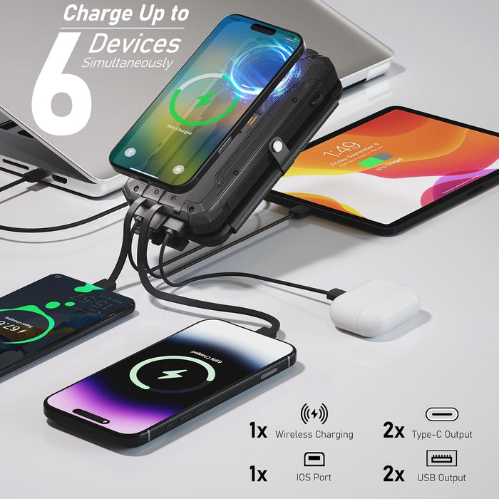 Solar Power Bank 20000 mAh Built-in 3 Cables Wireless Charger