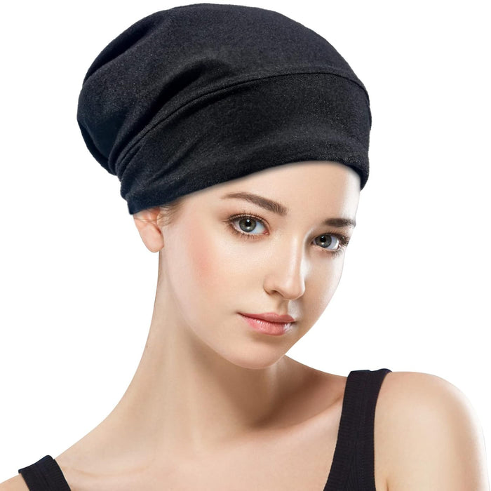 Silk Satin Lined Bonnet Sleep Cap - Adjustable Stay on All Night Hair Wrap Cover Slouchy Beanie for Curly Protection Women and Men Solid Black