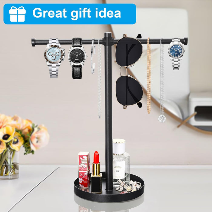 Jewelry Necklace Organizer Stand,12.9" Tall Sturdy Metal Jewelry Stand with Round Tray for Bracelet Bangles Holder Display,Long Necklace Organizer Holder (black)
