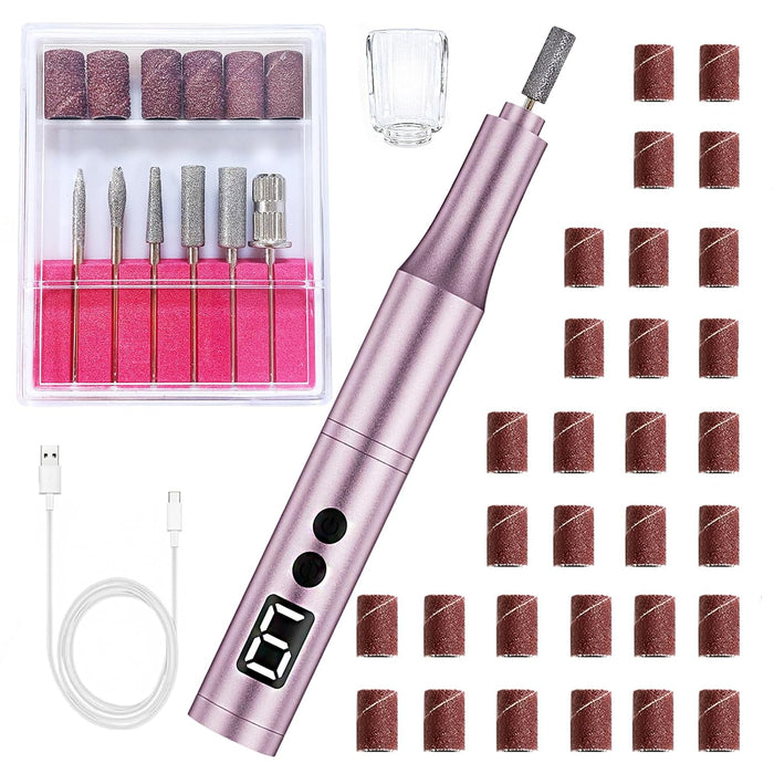 Professional Cordless Nail Drill Kit for Gel & Acrylic Nails, Electric Nail File with 5 Metal Bits, 30 Sanding Bands & D