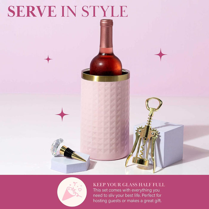 Wine Bottle Chiller Set, Insulated Double Wall Chiller, Gold Winged Corkscrew Wine Bottle Opener, Diamond Wine Stopper, 3-Piece Set, Pink