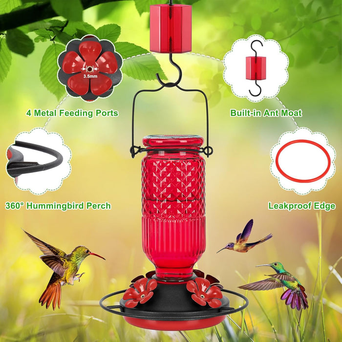Glass Hummingbird Feeder for Outdoors Hanging, 16 OZ Humming Birds Feeders with 4 Bee Guard Feeding Ports & Built-in Ant Moat, Bird Feeder for Outside, Gifts for Women Mom, Red