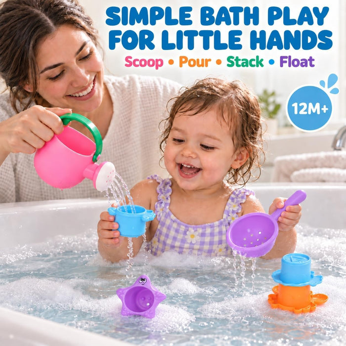 Toddler Bath Toys for Kids Ages 1-3 Stack, Scoop & Pour Set 5PCS