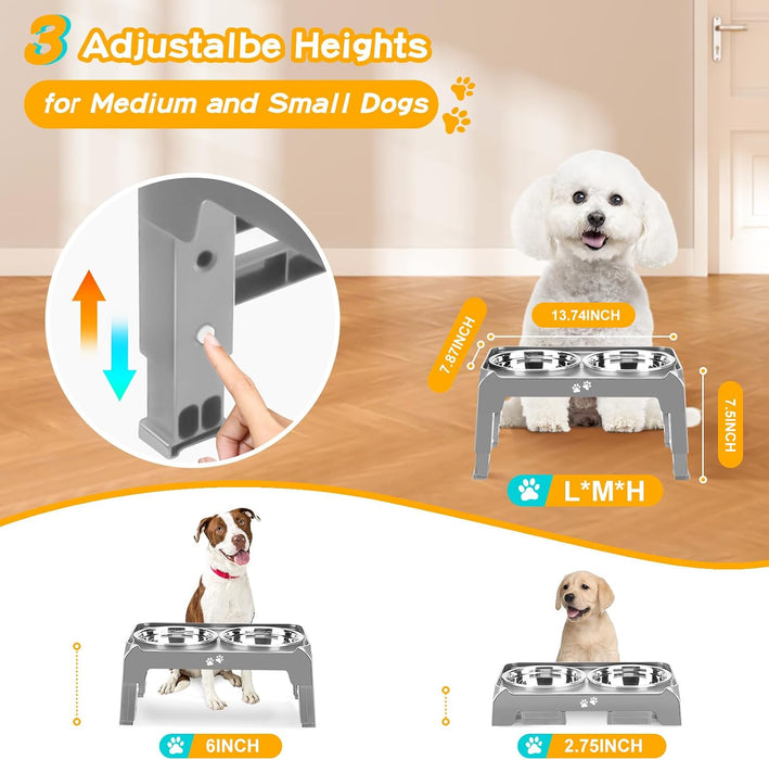 Elevated Dog Bowls for Small Medium Dogs, 3 Height Adjustable Raised Stand with 2 Thick 6" Stainless Steel Food Bowls, Non-Slip Feeder Adjusts to 2.75", 6", 7.5", Grey