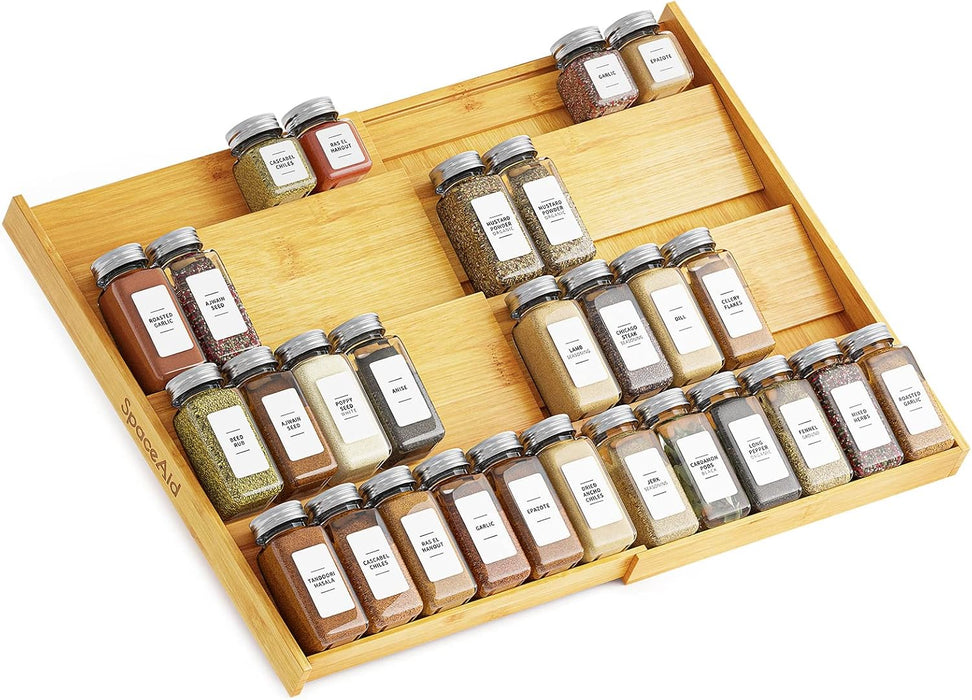 Bamboo Spice Drawer Organizer, (Need 3" Deep Drawer) Expandable 4 Tier Spices Rack for Cabinet, Kitchen Seasoning Storag