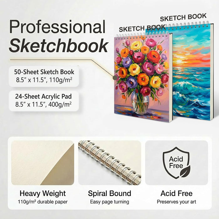 TMOL Art Supplies, 175-Pack Deluxe Art Set Drawing Painting Kit with 2 Drawing Pads, Acrylic Paints, Colored Pencils, Cr