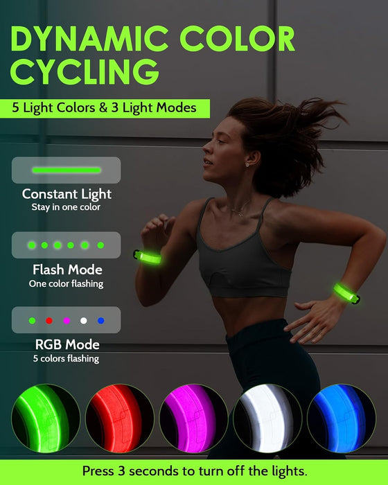 Rechargeable LED Armband 2-Pack, High Visibility Running Gear for Night Safety, 5 Colors & 3 Modes Light Up Wristbands f