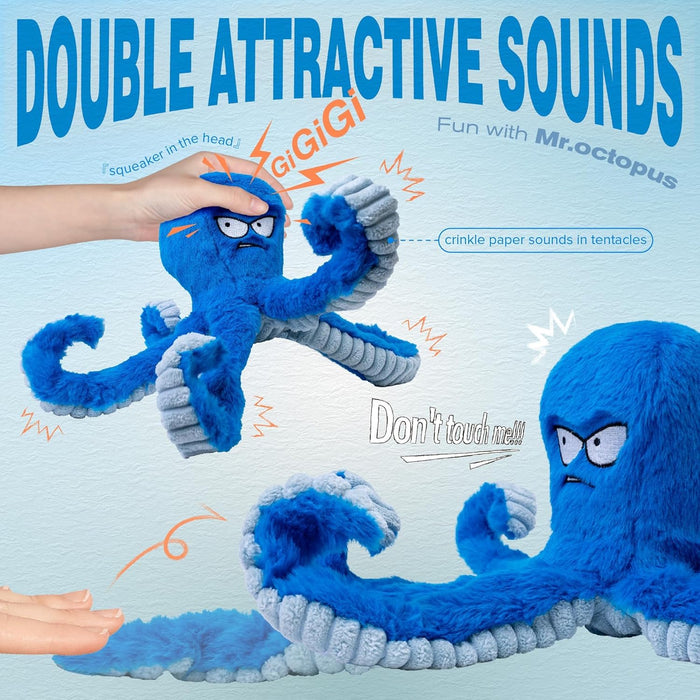 Tough Dog Toys, Stuffed Chew Large Dog Toys to Keep Them Busy, Interactive Squeaky Tug of War Doggie Toy, Crinkle Blue O