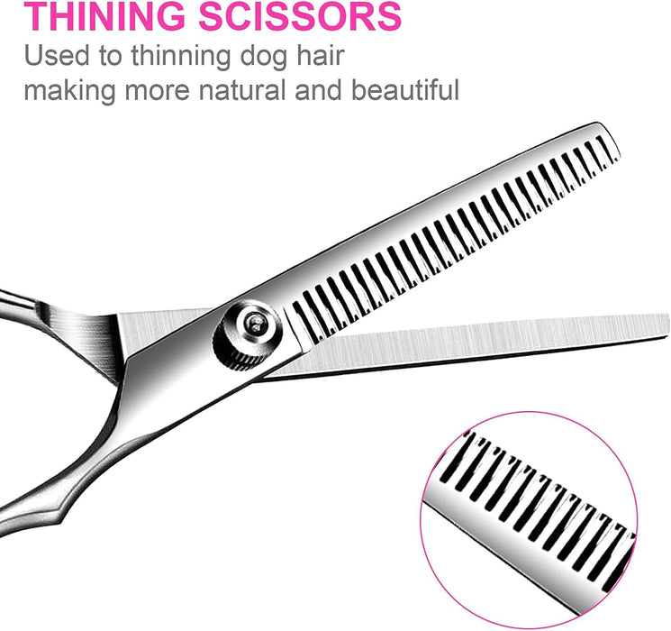 Dog Grooming Kit, Professional Stainless Steel Dog Grooming Scissors with Curved Shears, Pink Finger Rings - 4 Piece Sha