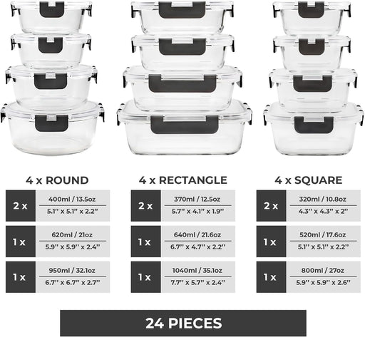 Glass Storage Containers with Lids, 24 Pieces, 12 Containers with 12 Lids, Glass Meal Prep Container for Lunch, Food Sto