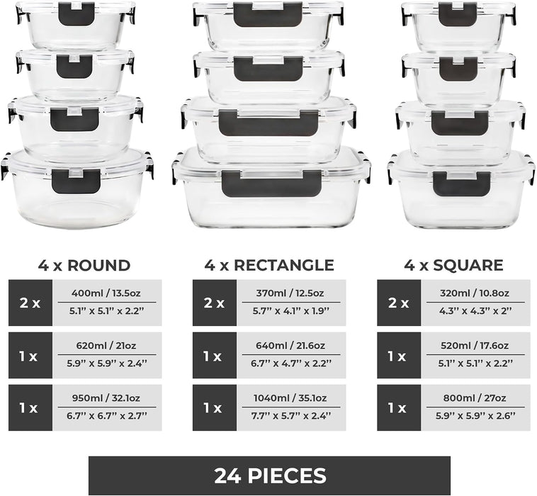 Glass Storage Containers with Lids, 24 Pieces, 12 Containers with 12 Lids, Glass Meal Prep Container for Lunch, Food Sto