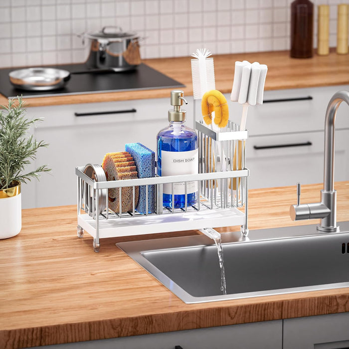 Sponge Holder for Kitchen Sink, Sink Caddy Organizer with High Brush Holder, Kitchen Countertop Organizers and Storage Essentials, Rustproof 304 Stainless Steel (Silver, 9.25″)