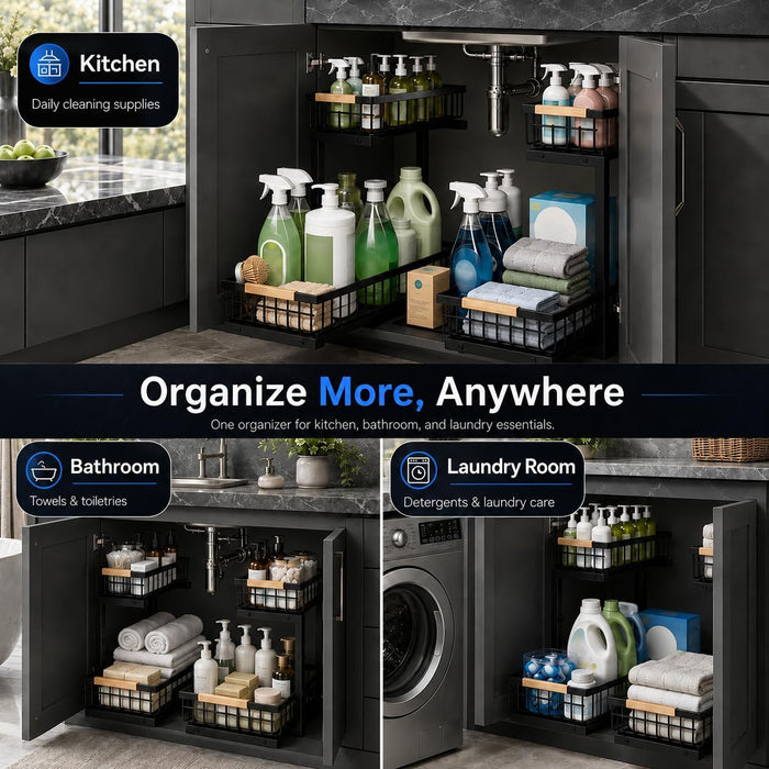 Under Sink Organizer 2 Pack, Double Slide Out Metal Shelf, Black