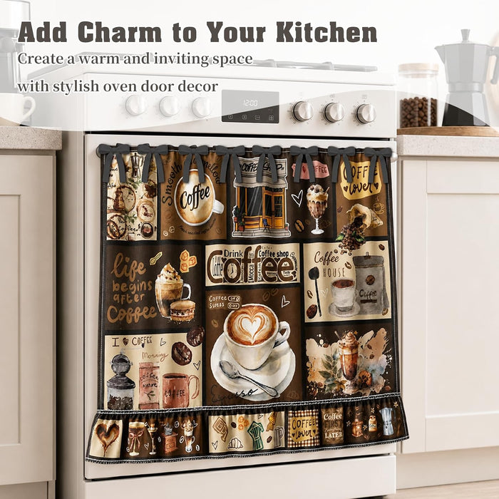 Coffee Bar Farmhouse Oven Skirt Curtain for Stove, Rustic Coffee Lover Tie Top Oven Curtain with Ruffle Trim, Decorative Stove Cover for Cozy Kitchen Decor, Cotton Blend Oven Skirt