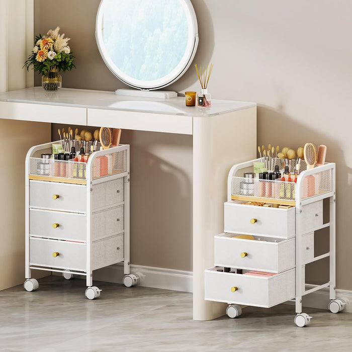 Rolling Makeup Organizer Cart - Under Desk Vanity Makeup Storage with 3 Non-woven Drawers, Nail Cart Organizer Cosmetic Display Cases Cabinet for Skin Care Perfume Nail Polish Brush Hair Tool
