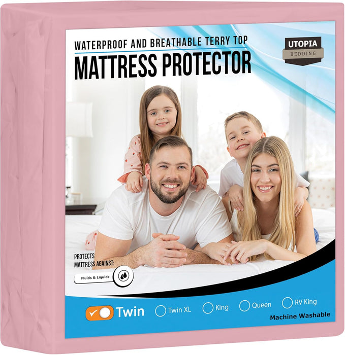 Waterproof Mattress Protector Twin Size, Premium Terry Mattress Cover 200 GSM, Breathable, Fitted Style with Stretchable Pockets (White)