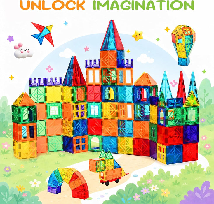 100 Pcs Magnetic Tiles, Magnet 3D Building Blocks Set with 2 Cars