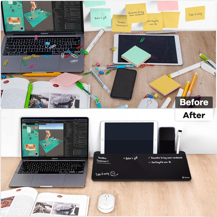 Desktop Whiteboard with Storage, Desk Organizer Dry Erase Glass White Board to-do List Memo Notepad for Home Office and School Supplies (Black)