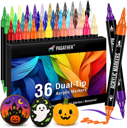 Acrylic Paint Markers, 36 Colors Dual Tip Fine & Brush Pens Set