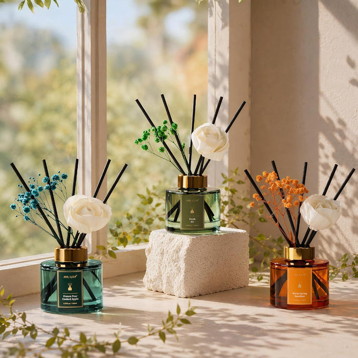 Flower Reed Diffusers Set, 5.07 oz Freesia/Passion Fruit/Orange Scented Oil Diffuser with 8 Reed Sticks, Home Fragrance Diffuser Gift Set for Bathroom & Office Decor 150ml