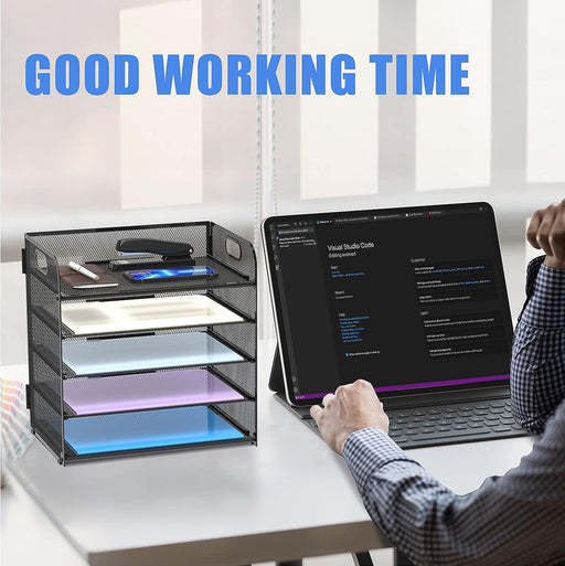 5 Trays Paper Organizer Letter Tray with Handle-Mesh Desk File Holders, Paper Sorter Desk Organizer for Office, Home, Cl
