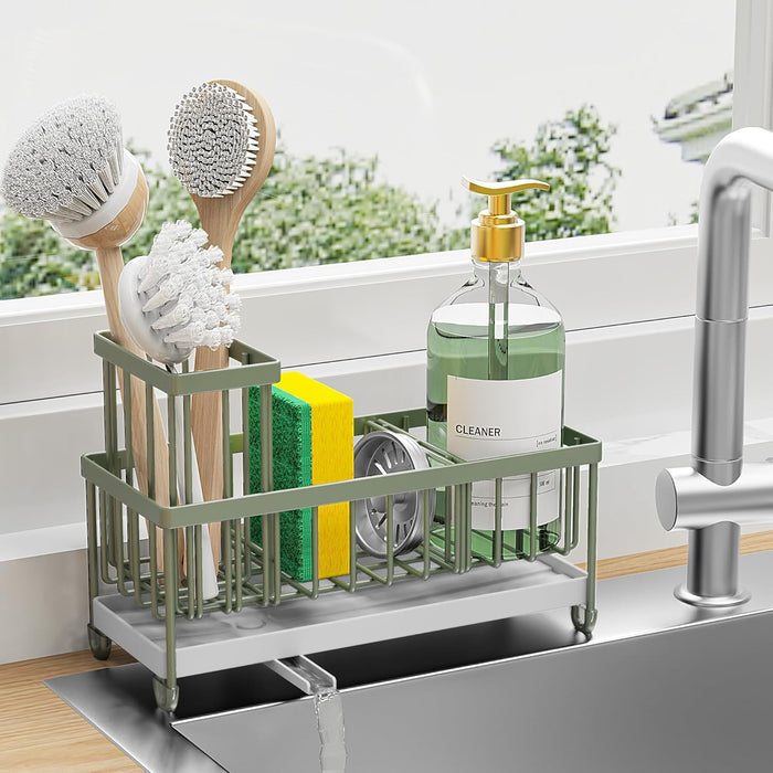 Sponge Holder for Kitchen Sink, Sink Caddy with High Brush Holder, Kitchen Sink Organizer Countertop Rustproof 304 Stainless Steel , Soap Dispenser Kitchen Organizers and Storage Essentials