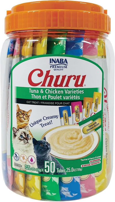Churu Cat Treats, Lickable, Squeezable Creamy Purée Cat Treat with Green Tea Extract & Taurine, 0.5 Ounces Each Tube, 50