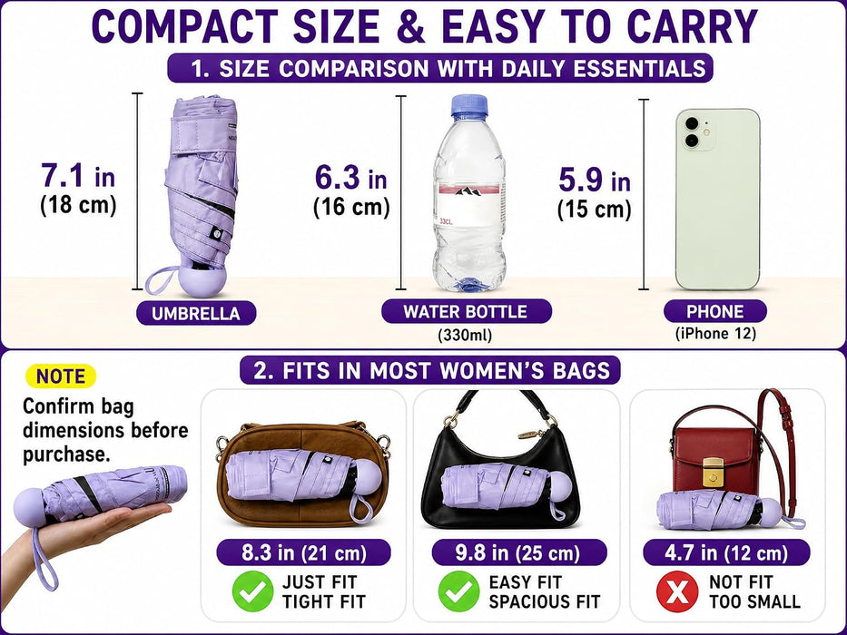 Mini Travel Umbrella with UV Sun Protection, Compact Pocket-Size