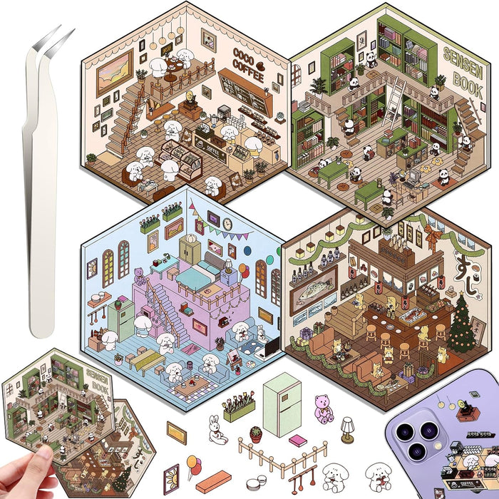 DIY 3D House Stickers, 4 Set Fun DIY Stickers Scene Make Your Own Warm Home, Supermarket, Coffee Shop, Music Bar, Cute 3D Cartoon Scene Sticker for Adult Kids Relief Stress Pass The Time (SY1.0)