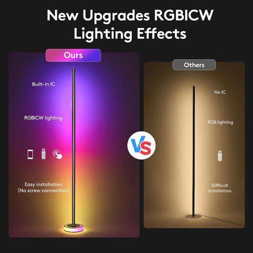 59" Smart LED Corner Floor Lamp, RGBICW Color Changing Ambient Lighting, App Control Music Sync Mood Light, Modern Dimma